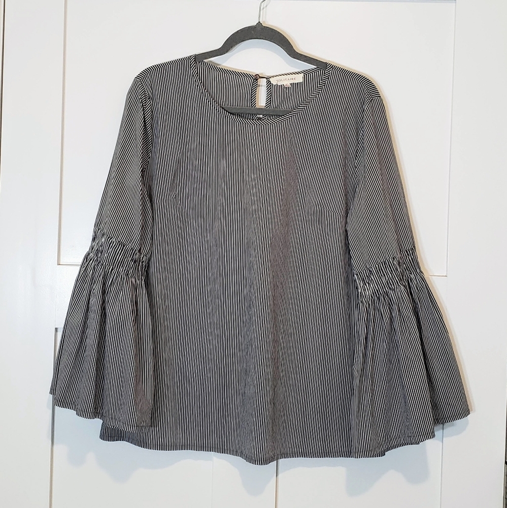 Solitaire Blouse Size XL Dark Gray & White Vertical Striped Shirt Bell Sleeves